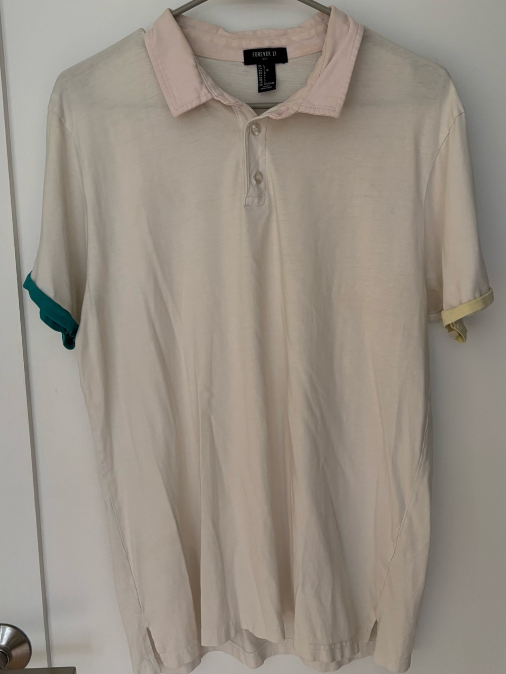 Forever 21 Cream Polo with Pink Collar and Teal/Yellow Sleeve Accents